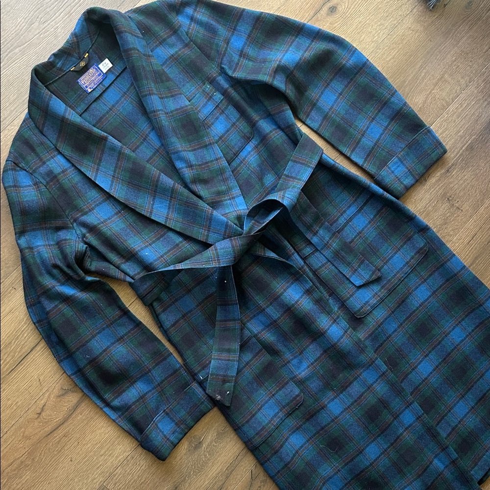 Pendleton Blue & Green Plaid Wool Bath Robe !! Medium